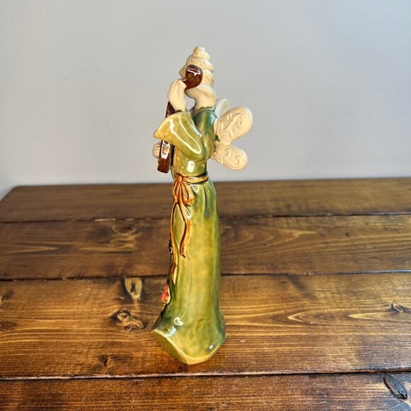 Woman with Wings Playing Mandolin Fairy Angel Ceramic green Figurine - Picture 2 of 10
